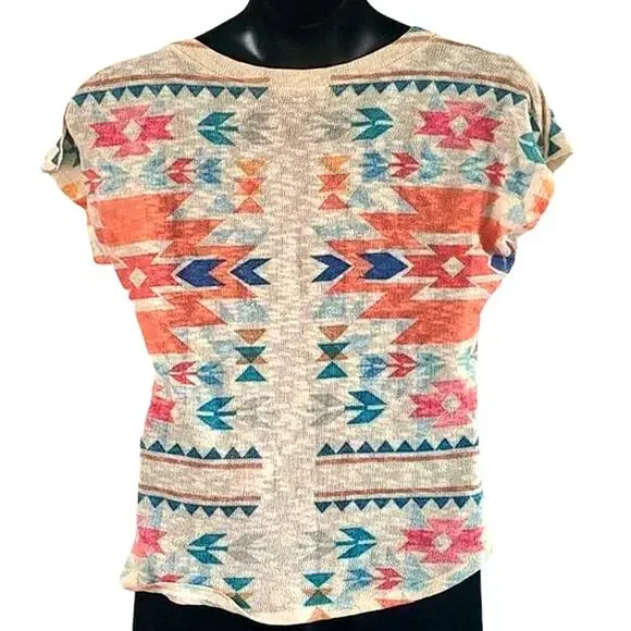 Gaze USA Tribal Print Knit Short Sleeve Top – Size Large – Boho Festival Style - Picture 4 of 6
